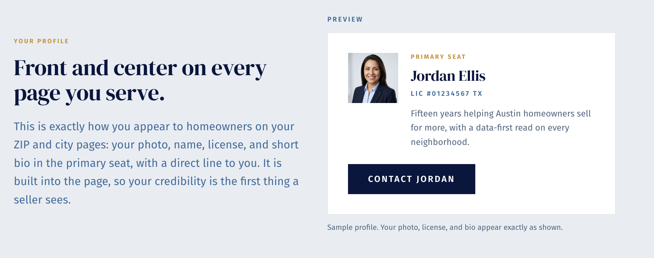 Sample agent profile on Home Value Pros: photo, name, license number, short bio, and a contact button in the primary seat of a zip page.